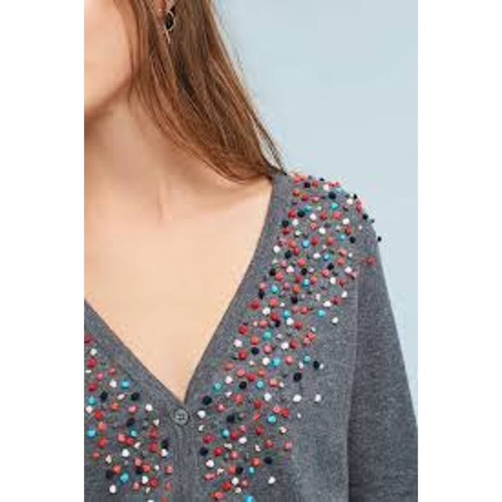 Anthropologie Moth Pom Cardigan Gray Rainbow Button Front Twee Style